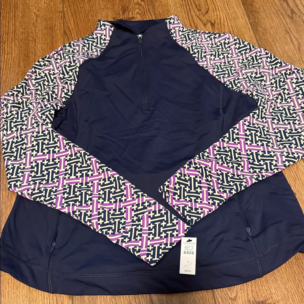 Talbots NWT size L Navy and Purple Patterned Quarter-Zip Pullover